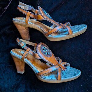 LIKE NEW Western Rodeo High-heel Sandals Medicine Wheel Leather Cork Spring Step